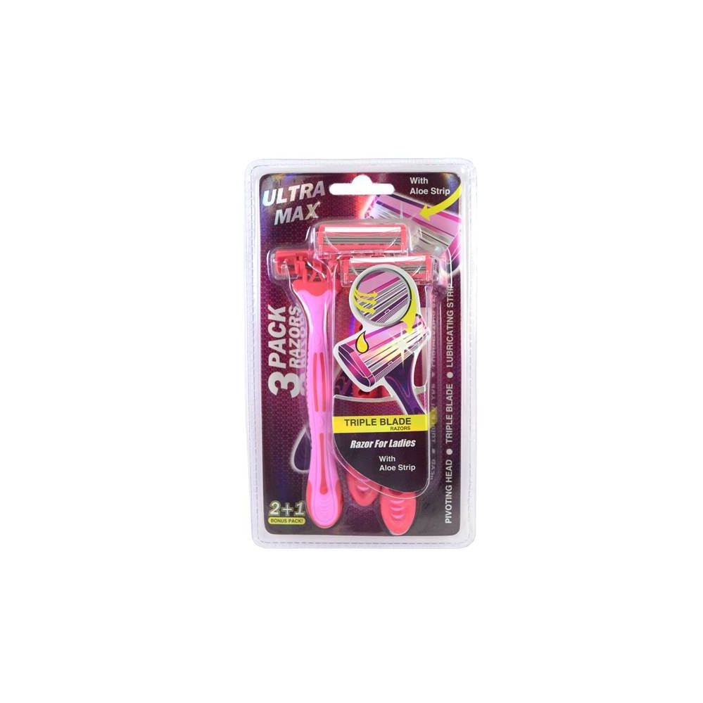 24 Units of Ultra Max Razor Triple Blade 3PK Pink Shaving Razors at