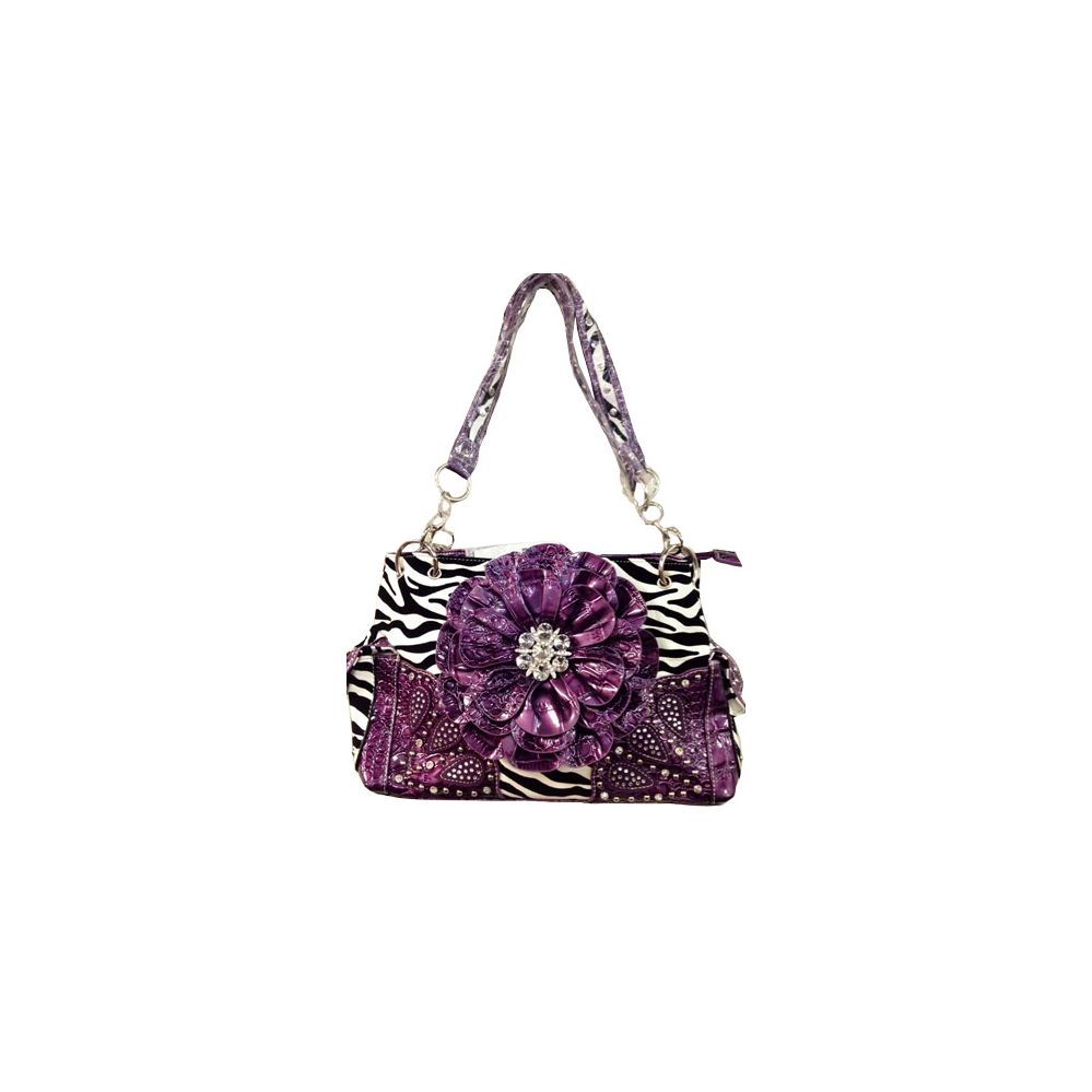 4 Units of Western Rhinestone Flower Zebra Print Purple Purse Leather