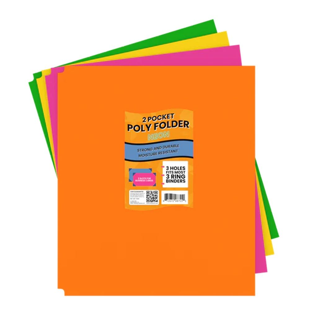 60 Units of 2 Pocket Poly Folder, 3 Holes, Neon, Asst. Colors, in