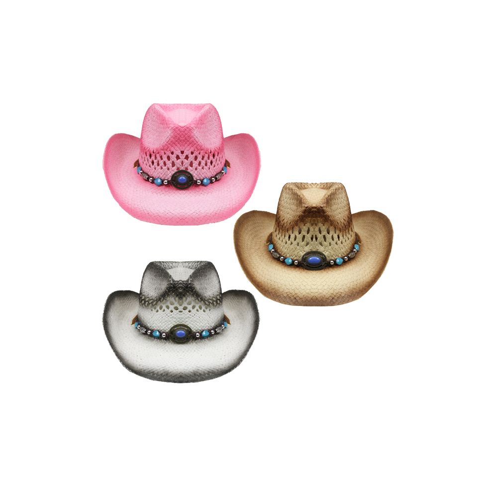 24 Units of Kids Assorted Straw Cowboy Hat With Beaded Band Cowboy
