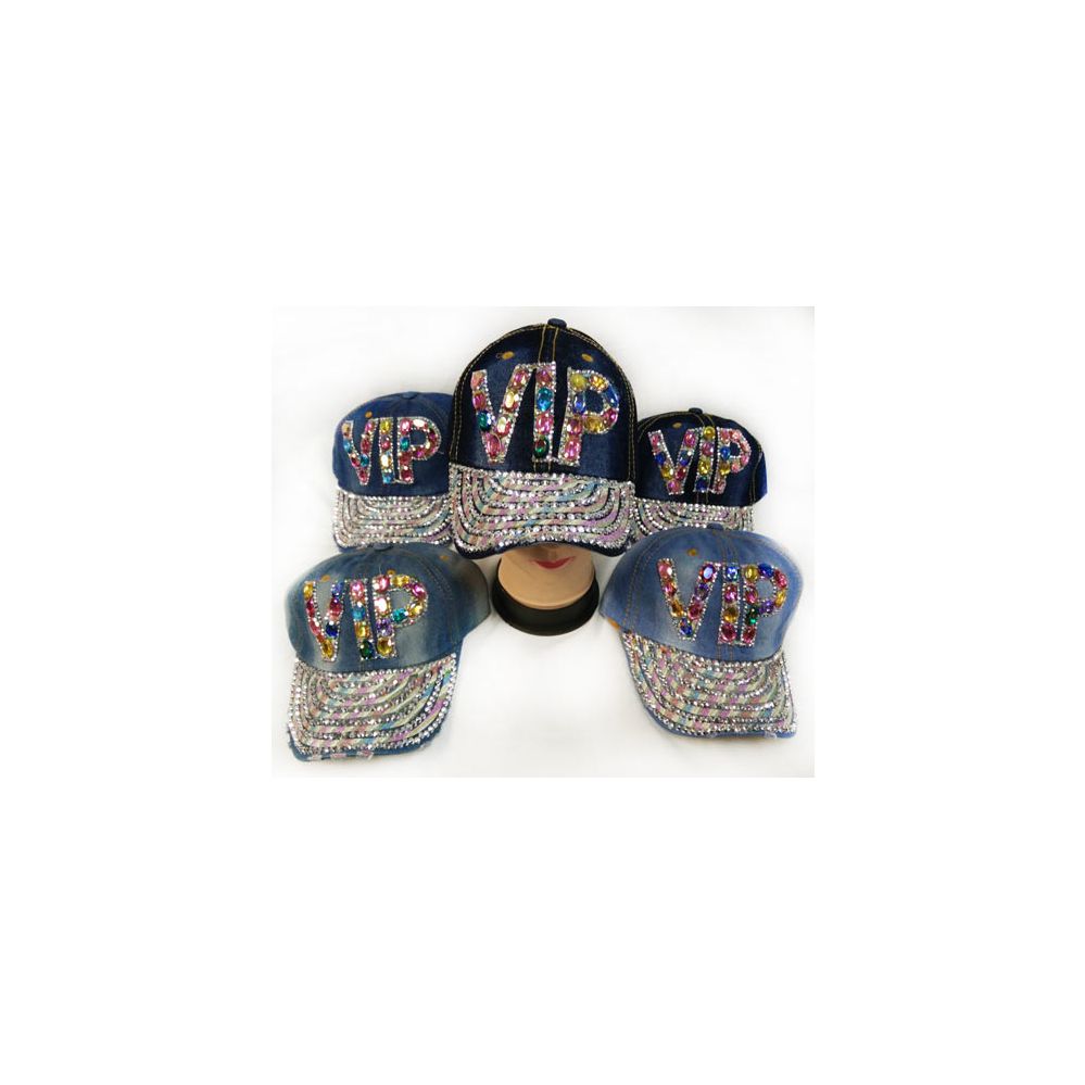 48 Units of Wholesale Strapback Denim Hat with Large VIP Rhinestone Hat