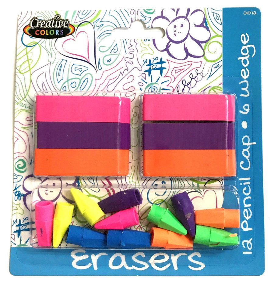 96 Units of Eraser Combo Pack 6 Wedge + 12 Pencil Caps Erasers at