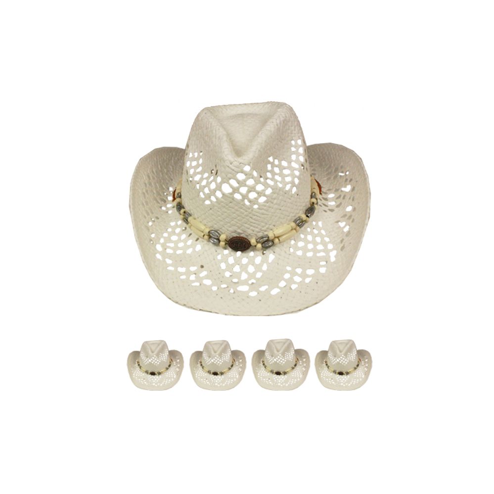 24 Units of Cut Out Open Weave Cowboy Hat In White With Medallion