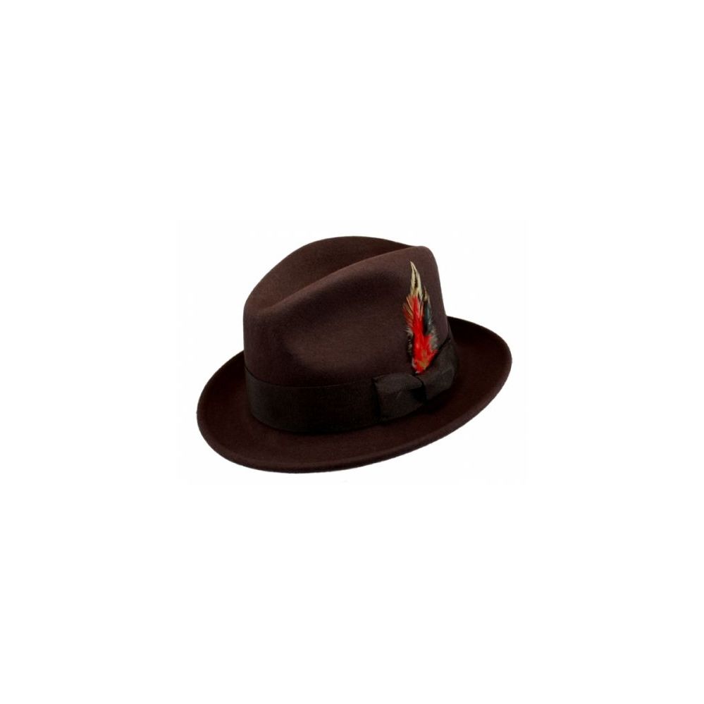 6 Units of Wool Felt Fedora Hats With Feather In Brown Fedoras