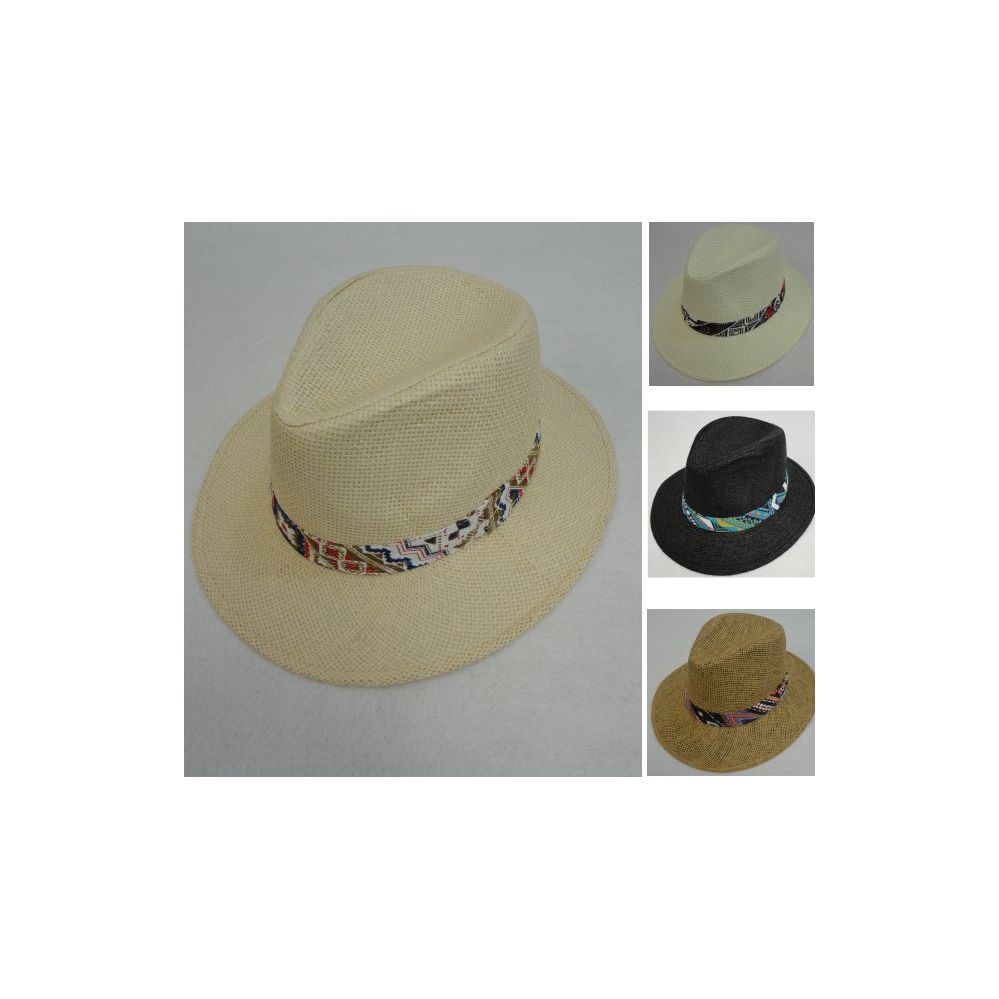 72 Units of Paper Straw Large Brim Fedora [printed Hat Band] Sun Hats