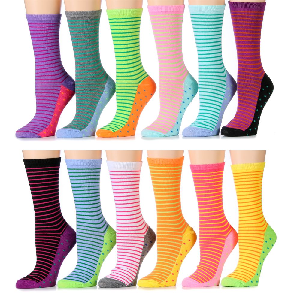 12 Units of Womens Assorted Colors Stripe Crew Socks Size 911 Cotton