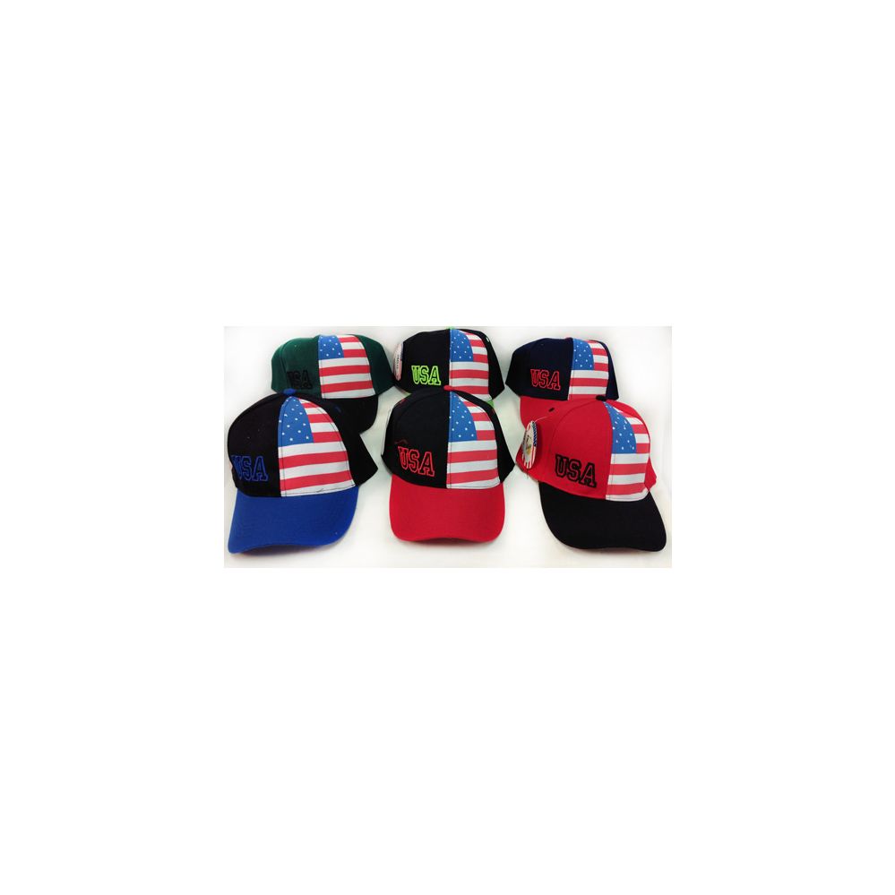 24 Units of Wholesale Adjustable Baseball Hat Usa With Printed Flag Assorted Baseball Caps