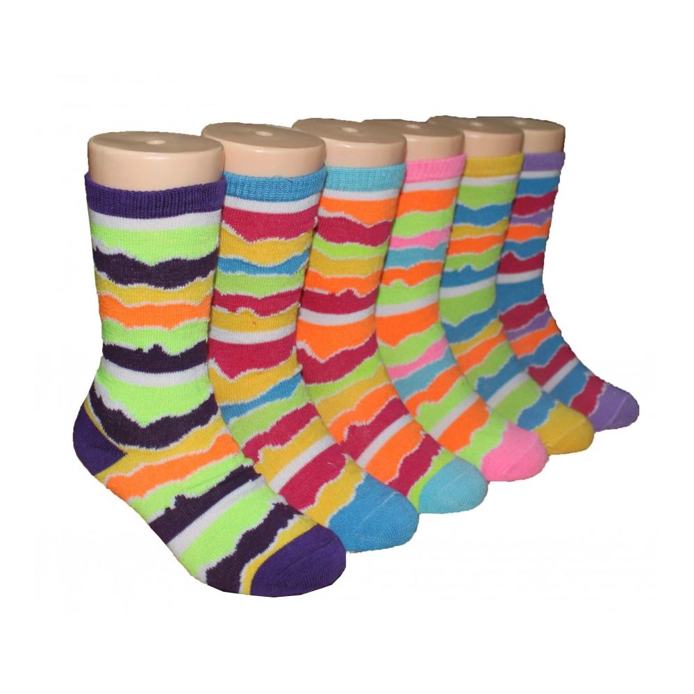 480 Units of Girls Colorful Waves Print Crew Socks Girls Crew Socks