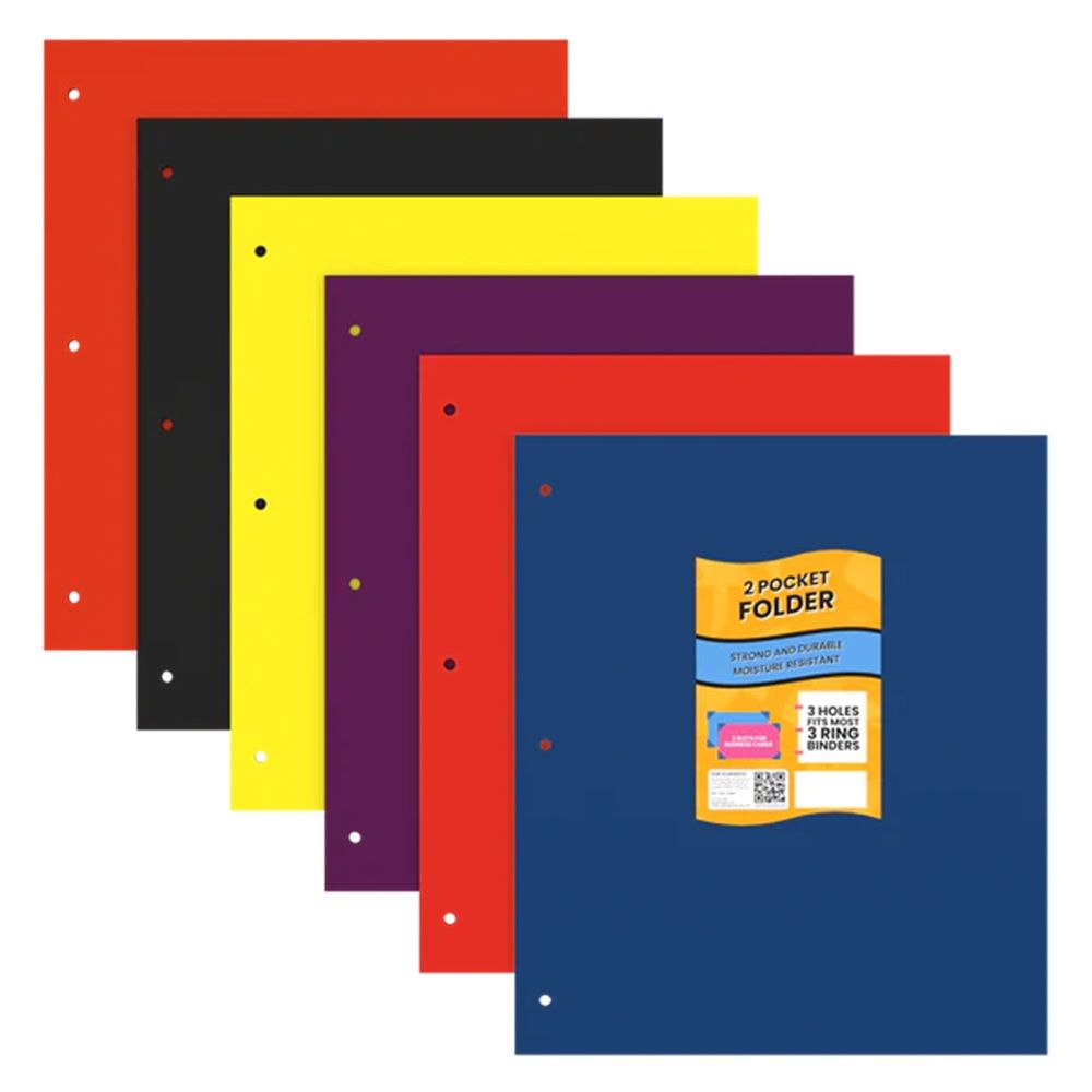 100 Units of 2 Pocket Folders, 3 Holes, Asst. Colors In Display