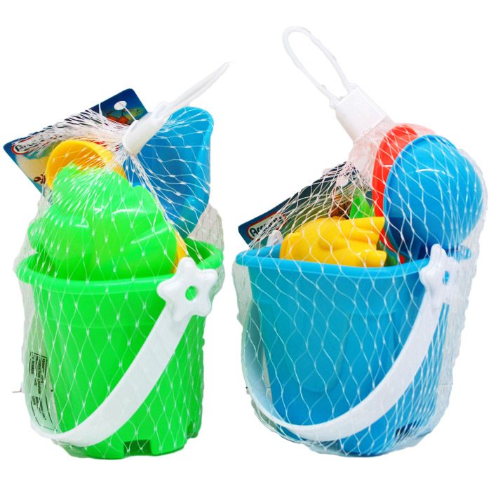 72 Units of 3" Beach Toy Bucket W/acss In Pegable Net Bag, 2 Assrt Beach Toys at