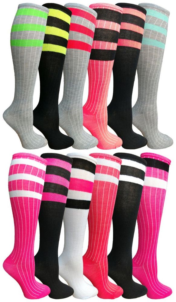 12 Units of Womens Referee Knee High Socks, Neon Striped Colorful ...