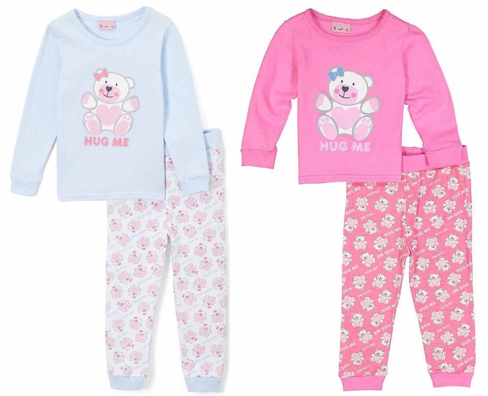 24 Units of Toddler Girls "hug Me" Pajama Sets Solid Colors Sizes 2