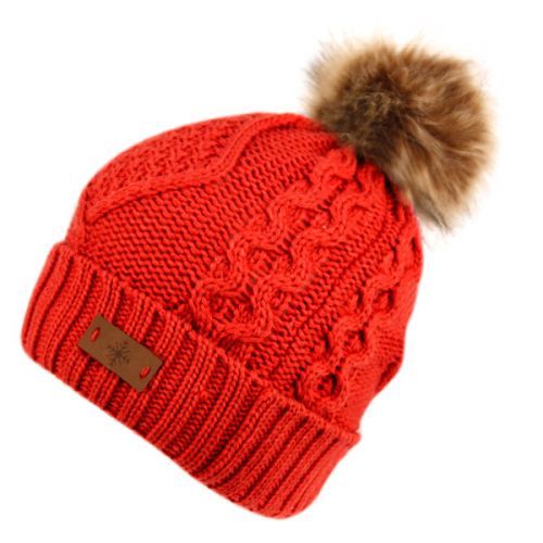 red winter hat with pom pom
