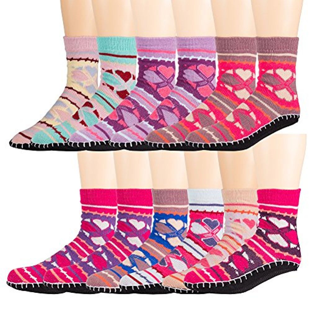 6 Pair Ladies Heavy Knit Snow Flake Reindeer Print Slipper Sock With