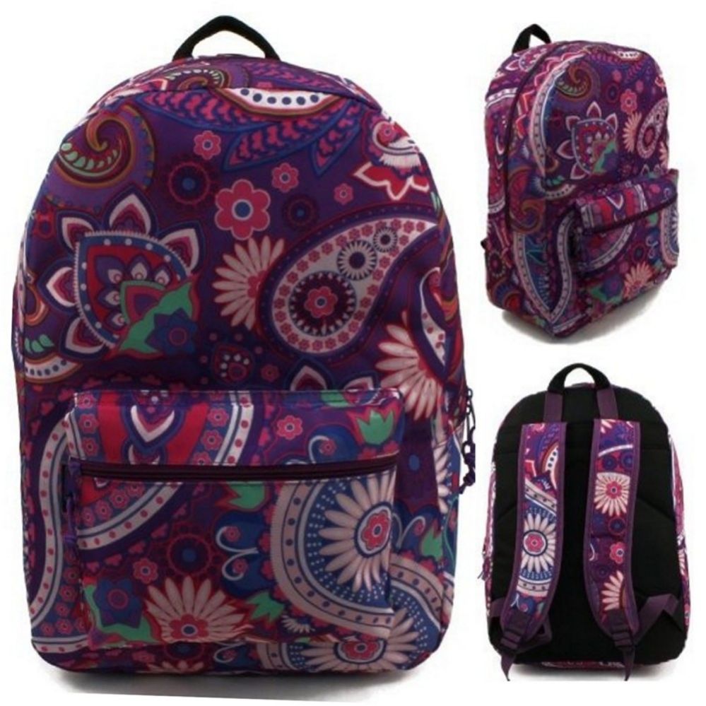 24 Units of 17" Kids Classic Padded Backpacks In Purple Paisley Print Backpacks 17" at