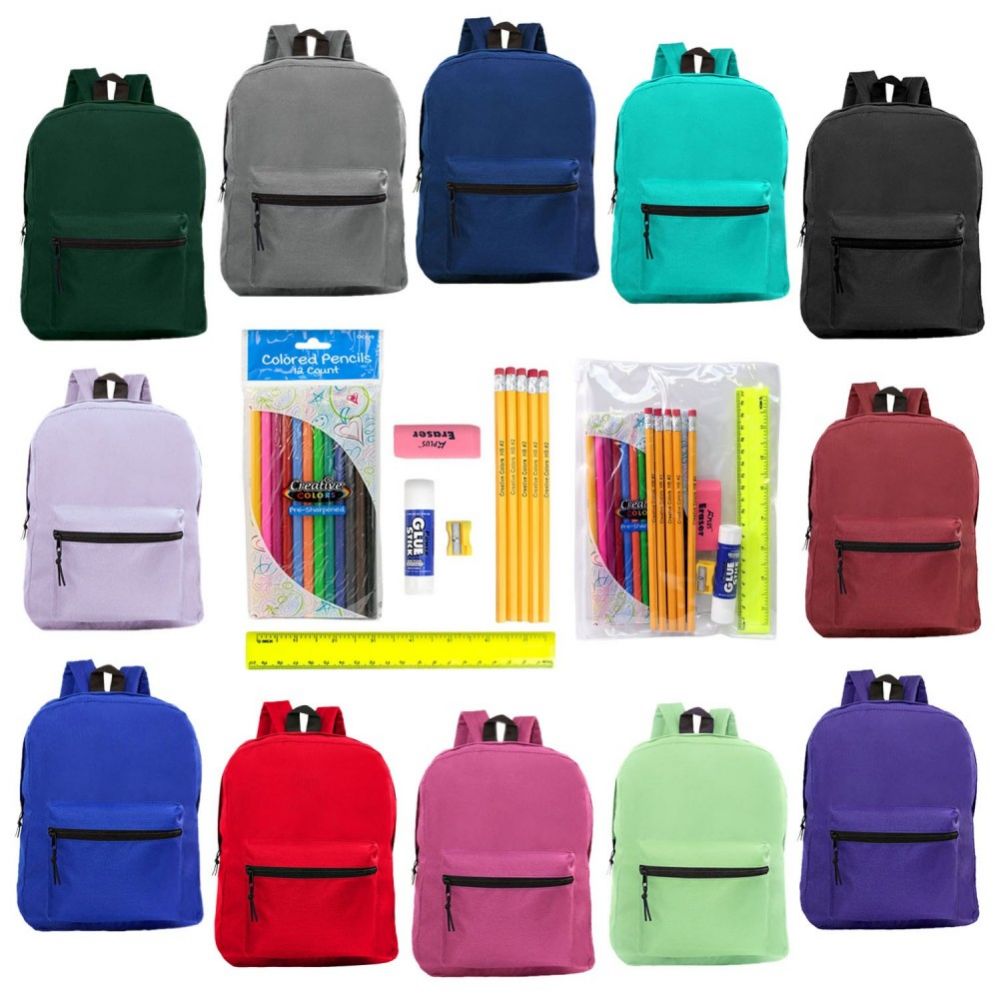 24 Units of 15" Basic Backpacks In 12 Assorted Colors With School