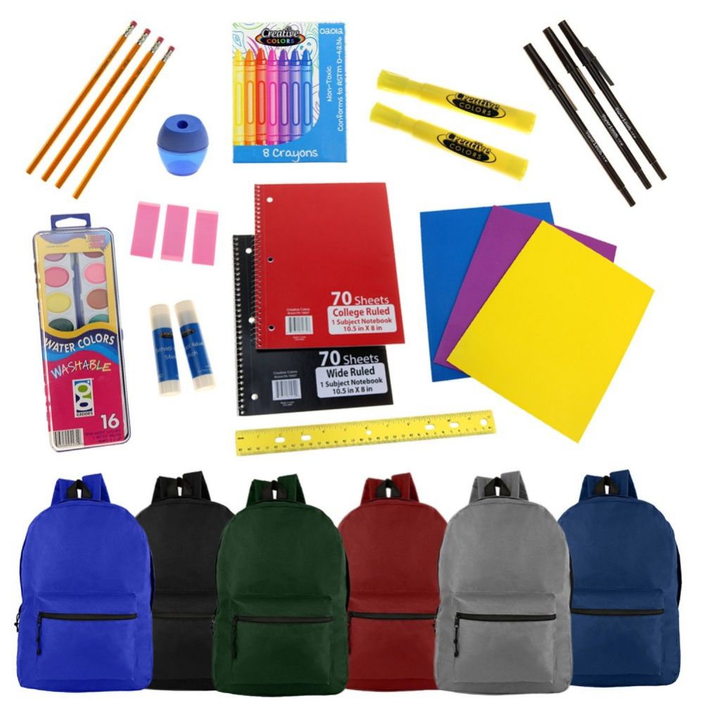 24 Units of 19" Basic Backpacks In 6 Assorted Colors With School Supply