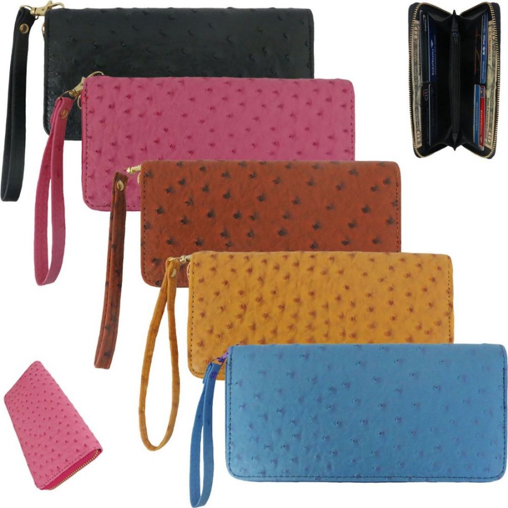 36 Units of Women's Faux Ostrich Wallets With/ Wristlet Assorted Colors Leather Purses and
