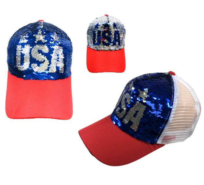 24 Units of Reversible Sequin Mesh Baseball Cap Usa Baseball Caps