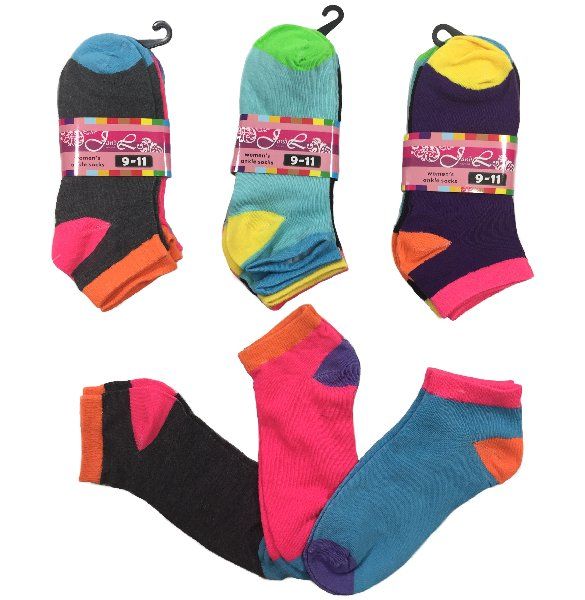 36 Units of Ladies Teen Anklets Colored Heel And Toe Womens Ankle Sock at