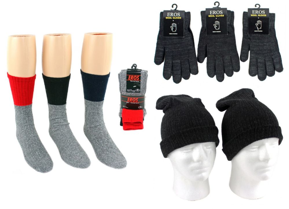 180 Units of Adult Merino Wool Combo Hats, Gloves, And Socks Includes