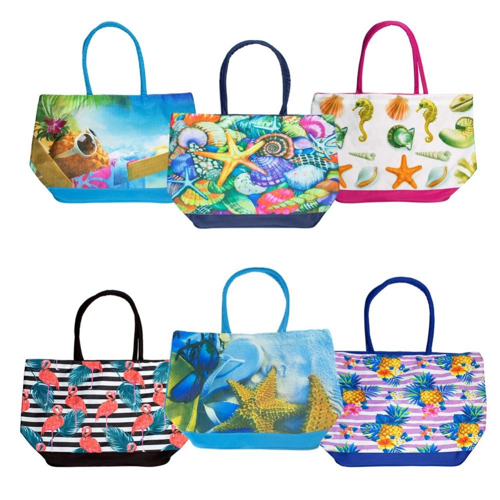 24 Units of Wholesale Extra Large Canvas Beach Tote Bag In 6 Assorted Prints - Tote Bags ...