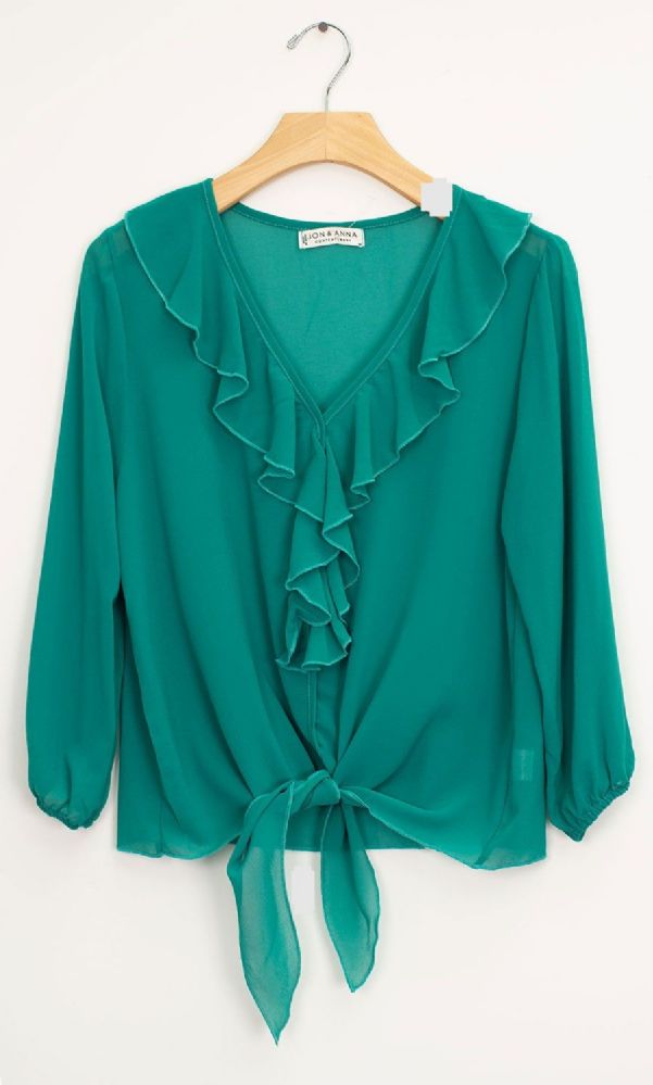 12 Units of Ruffle Front Tie Blouse Jade Green Womens Fashion Tops
