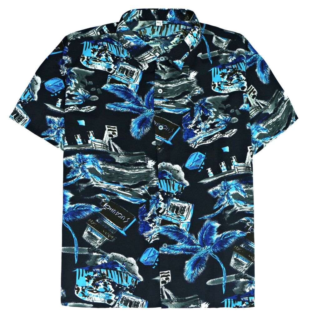 12 Units of Men's Blue/Black Hawaiian Print Shirt Plus Size ,Size 2XL