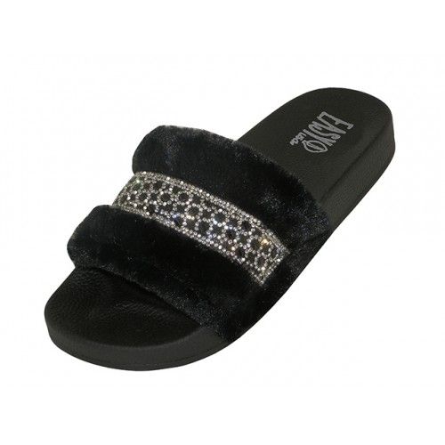 36 Units of Women's Faux Fur With Rhinestone Upper Open Toe Slides (*black ) - Women's Slippers 