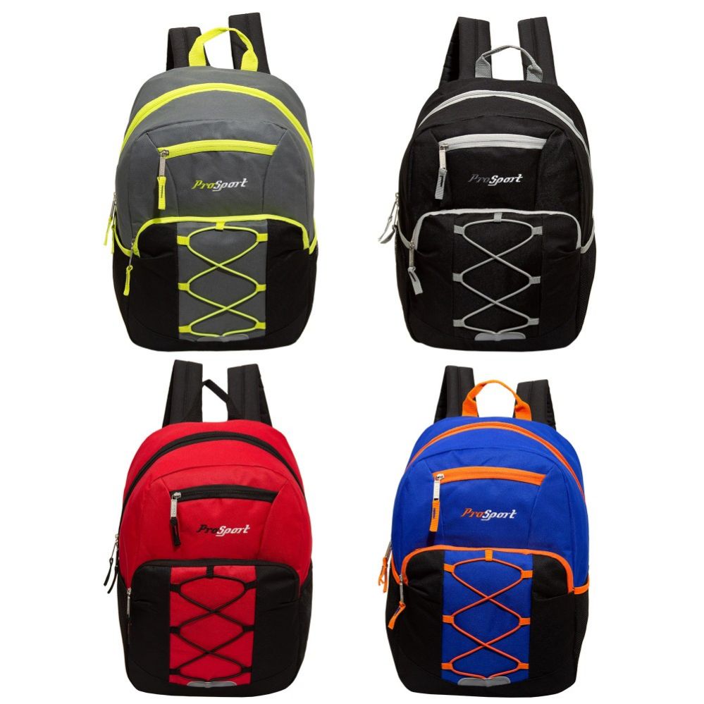 24 Units of 17" Classic Bungee Backpack In 4 Assorted Colors With Side