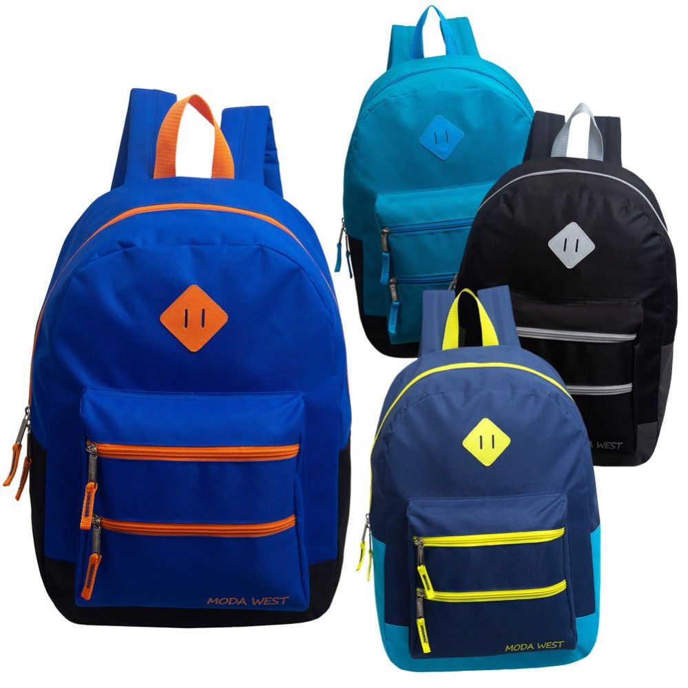 24 Units of 17" Backpacks With Dual Front Zipper Pockets In 4 Assorted Colors Backpacks 17