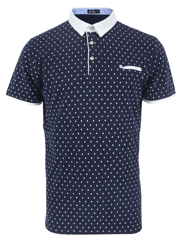 12 Units of Mens Cotton Spandex Diamond Print Fitted Polo Shirt In Navy