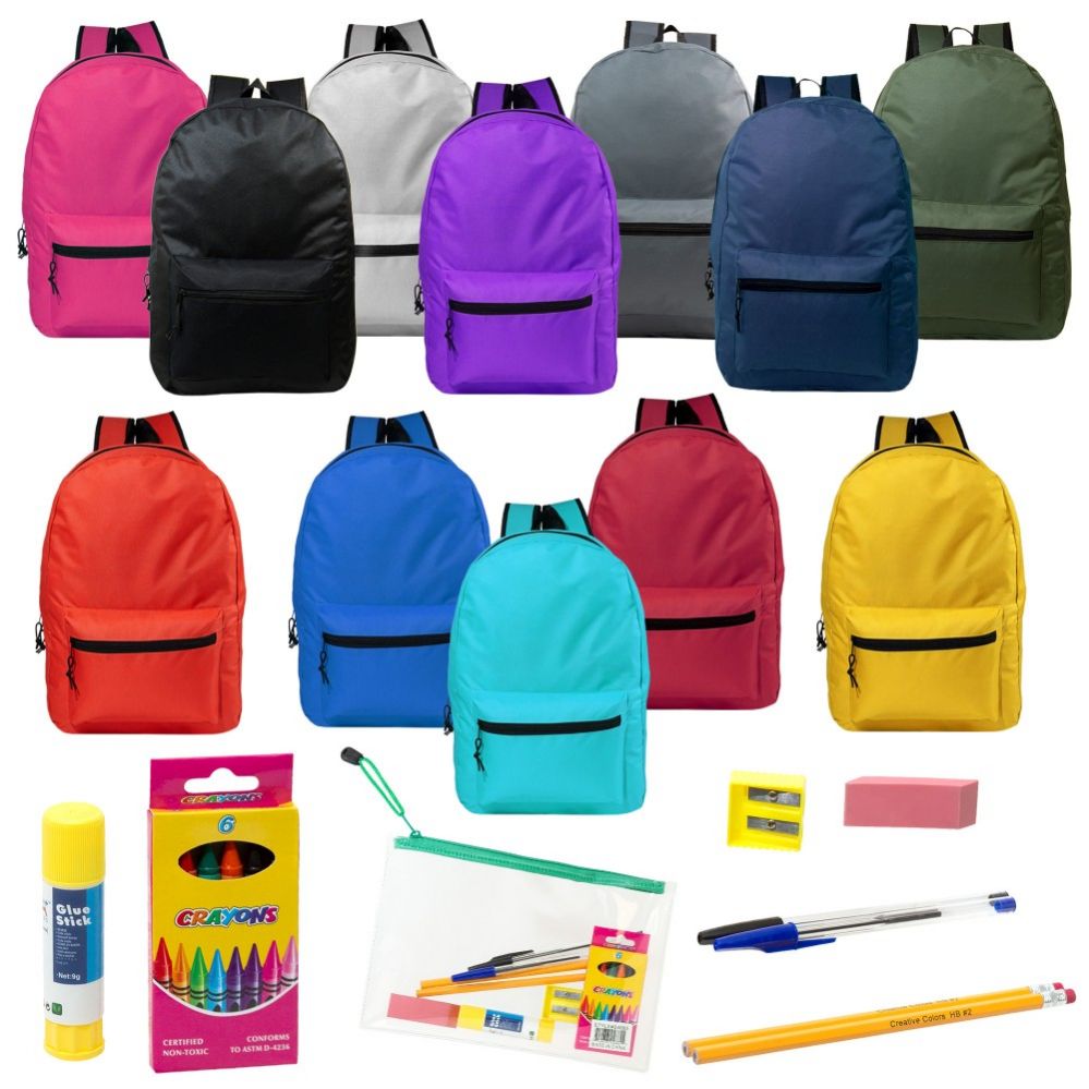24 Units of 15" Backpacks With 12 Piece School Supply Kit In 12