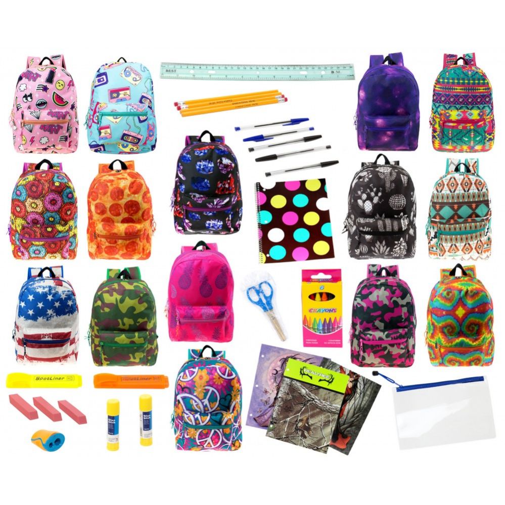 12 Units of 17" Bulk Backpacks With 44 Piece School Supply Kits