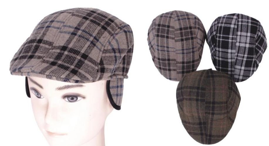 72 Units of Men's Plaid Driver Cap With Ear Flap Fedoras, Driver Caps
