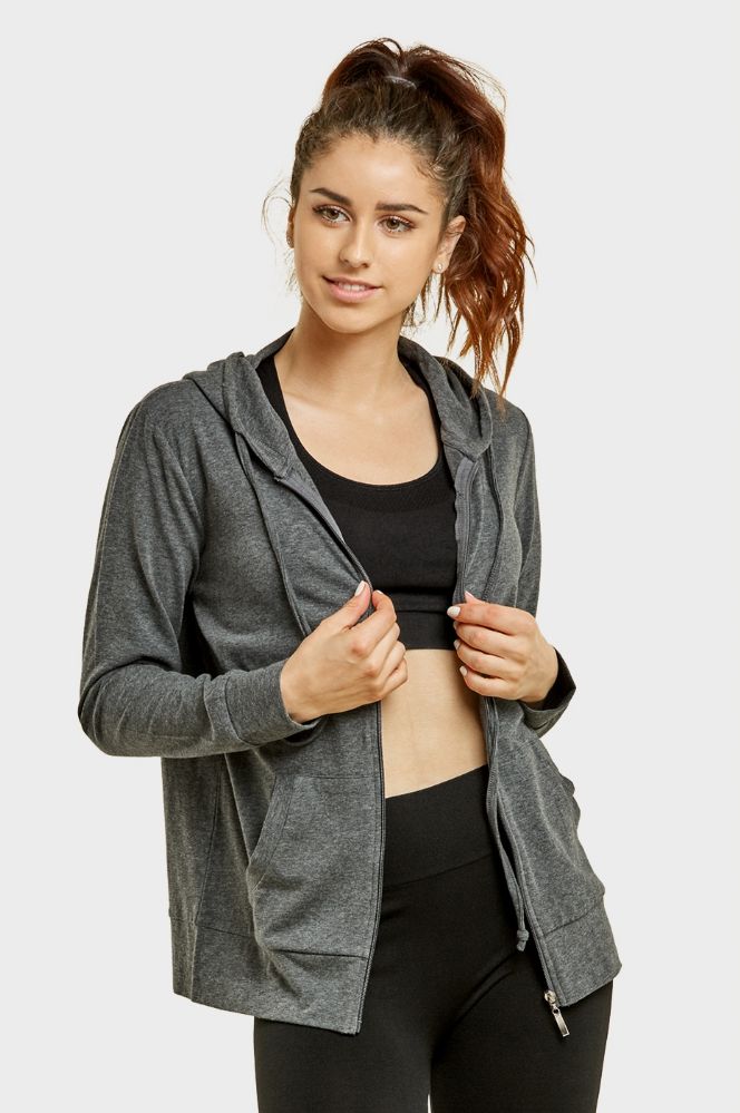 24 Units of Women's Lightweight Zip Up Hoodie Jacket Charcoal Gray