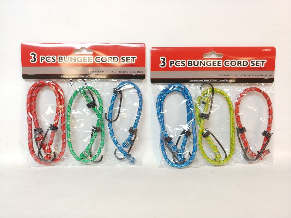 72 Units of Bungee Cord 3 Piece Set Assorted Color Bungee Cords at