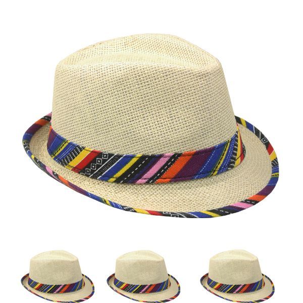 48 Units of Super Cute Natural Paper Straw Fedora Hat With Rainbow