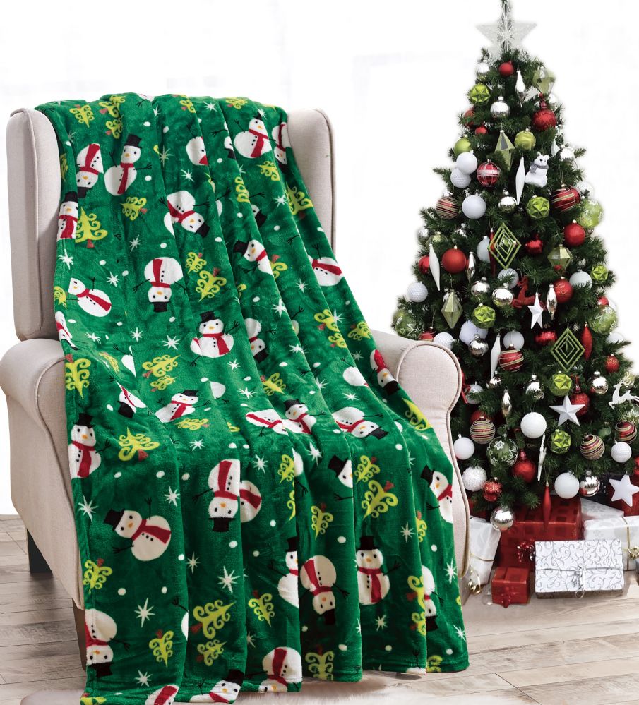 24 Units of Christmas Printed Green Snowman Tree Fleece Blankets Size