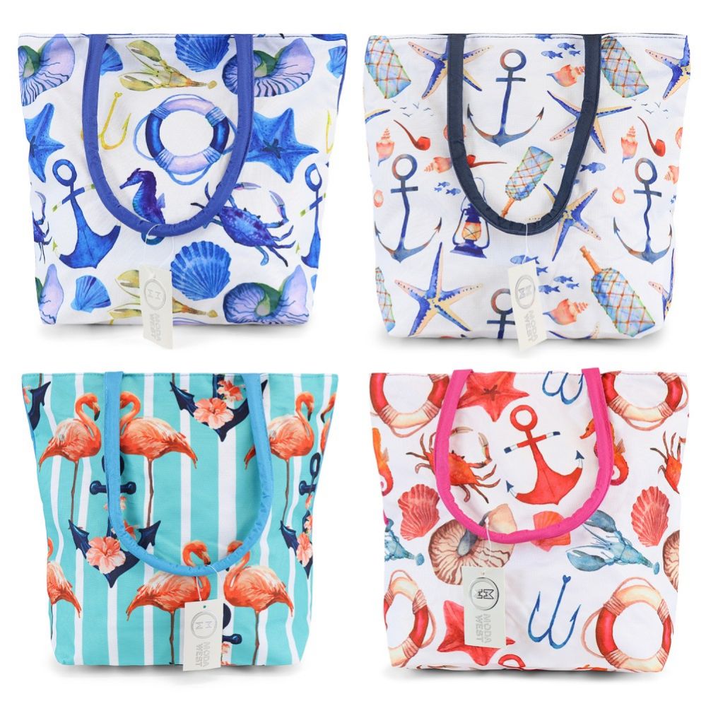24 Units of Small Beach Bulk Tote Bags In 4 Assorted Prints Tote Bags