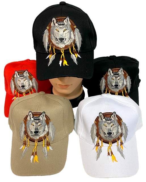 24 Units of Adjustable Baseball Hat Wolf With Dream Catcher Assorted