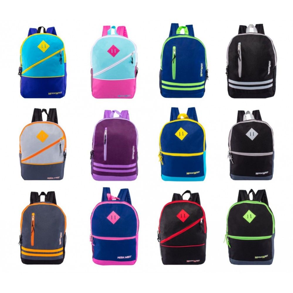 24 Units of 17" Backpacks With Front Zipper Pockets In 12 Assorted