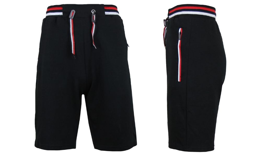 24 Units of Men's Fleece Lounge Sweat Shorts With Zipper Pockets & Trim Tech Design Solid Black