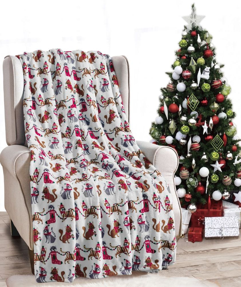 24 Units of Christmas Cats Throw White Holiday Design Micro Plush Throw