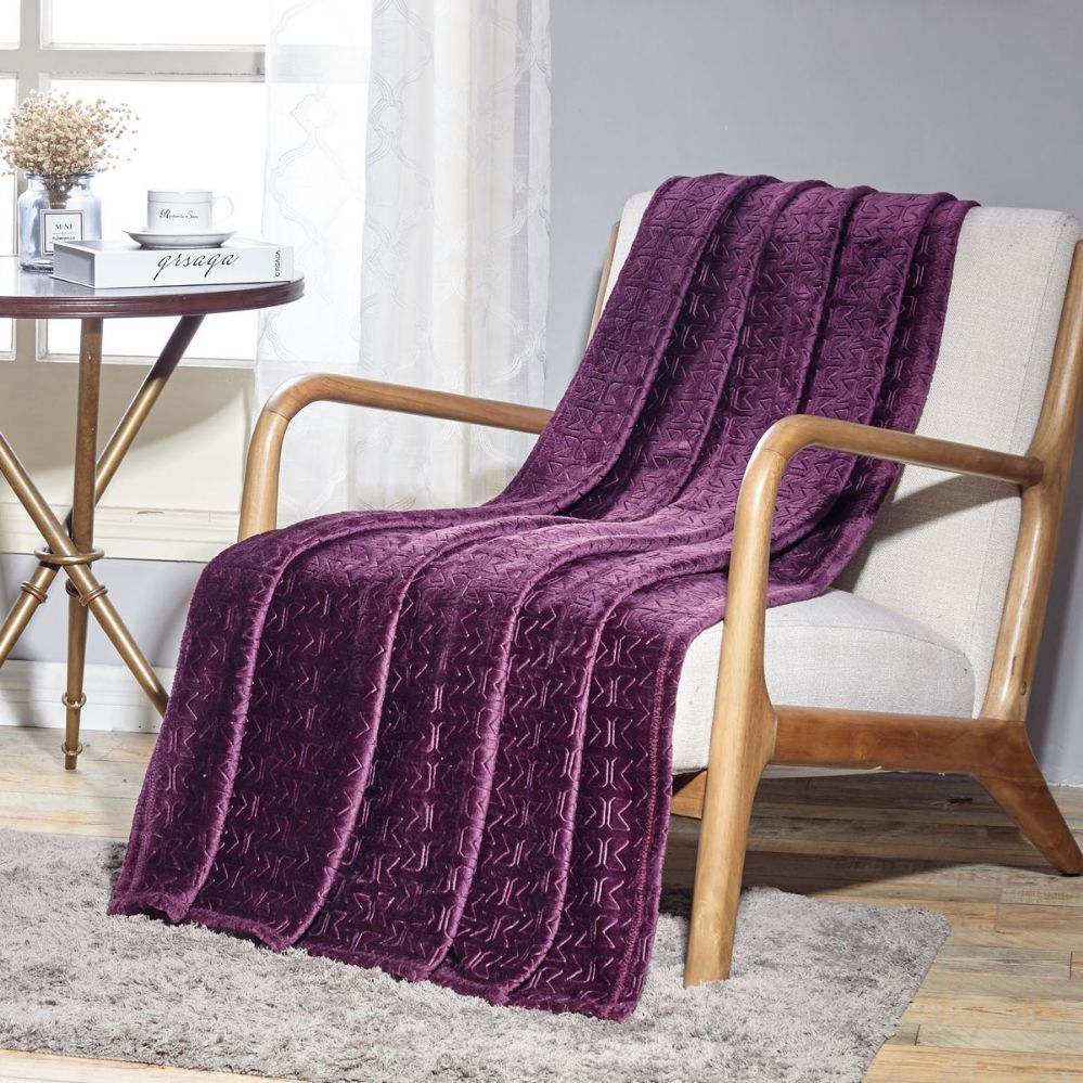 12 Units of Sabina Embossed Geometric Pattern Soft Flannel Throw Blanket 50x60 In Plum Micro
