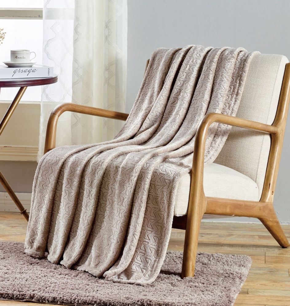 12 Units of Sabina Embossed Geometric Pattern Soft Flannel Throw Blanket 50x60 In Ivory Micro
