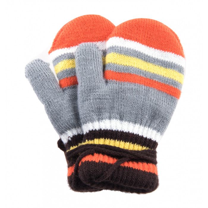 96 Units of Kids Mitten With String Striped Knitted Stretch Gloves