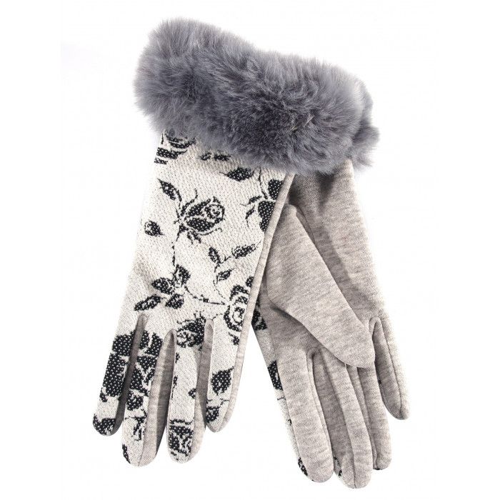 36 Units of Ladies Winter Glove Flower Print With Fur Cuff Fuzzy