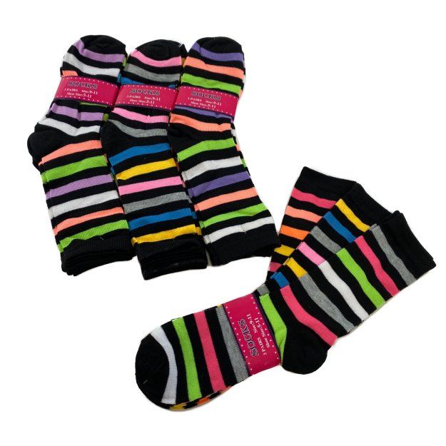 60 Units of 3 Pair Ladies Crew Socks Multi Color Stripe Womens Crew