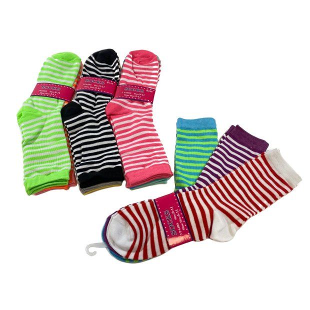 60 Units of 3 Pair Ladies Crew Socks Two Color Thin Stripe Womens
